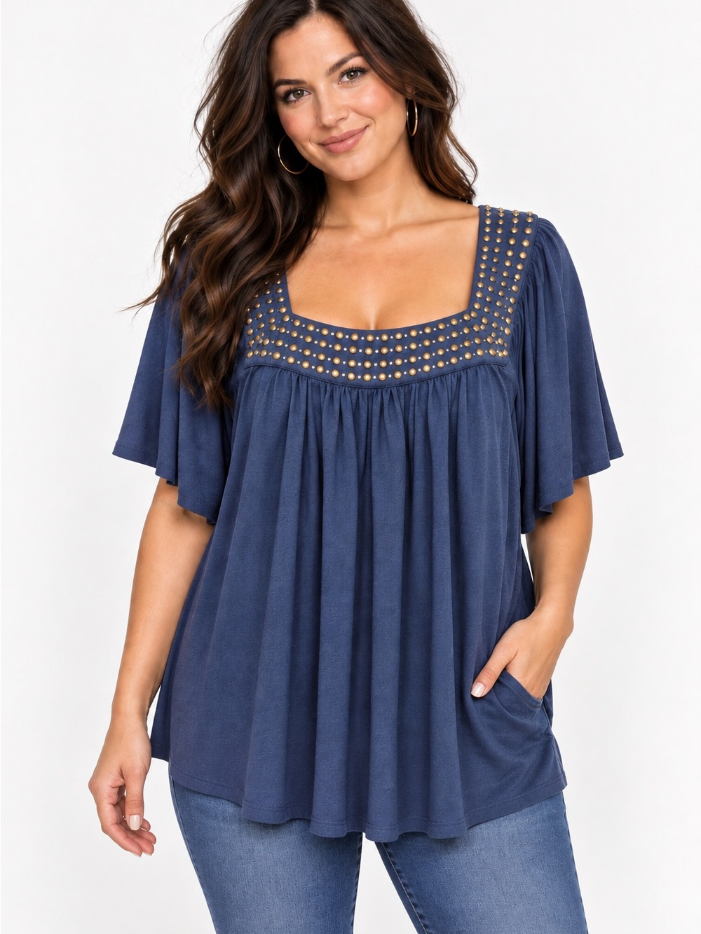 Matty M Navy Blue Gold Stud Collar Top 3X